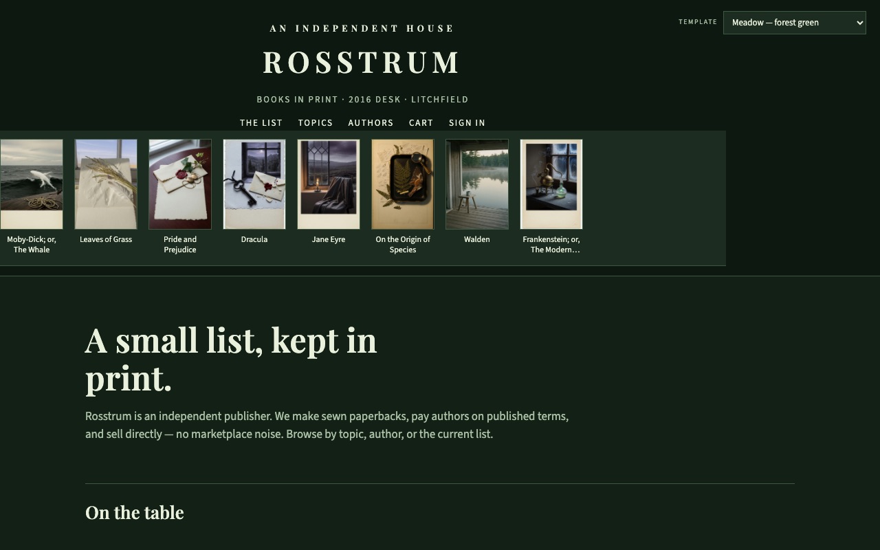 Screenshot of the Meadow — forest green template