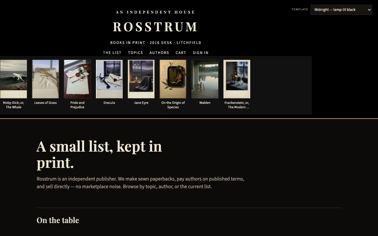 Screenshot of the Midnight — lamp-lit black template